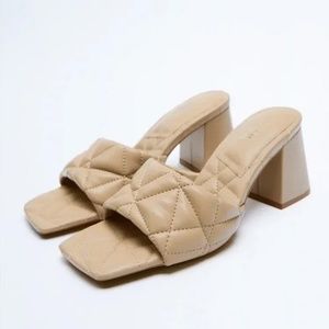 Zara Beige Wide Block Heels Quilted Sandals